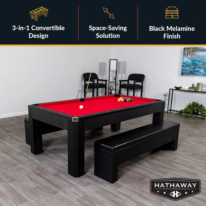 Hathaway Park Avenue 7 Ft Pool Table Combo Set with Benches and Complete Game Accessories - Billiard Table with Ping Pong and Dining Top - Engineered Wood Frame, Black Finish, Red Felt