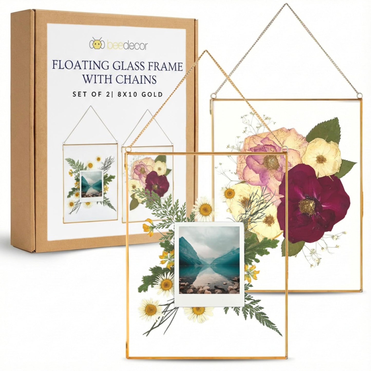 Beedecor Double Glass Frame for Pressed Flowers, Leaf and Artwork - Set of 2 Hanging Picture Frames, Tempered Glass Floating Pressed Flower Frames, Large Rectangular Wall Decor Photo Display, Clear Metal Glass Frames with Chain (8x10, Gold)