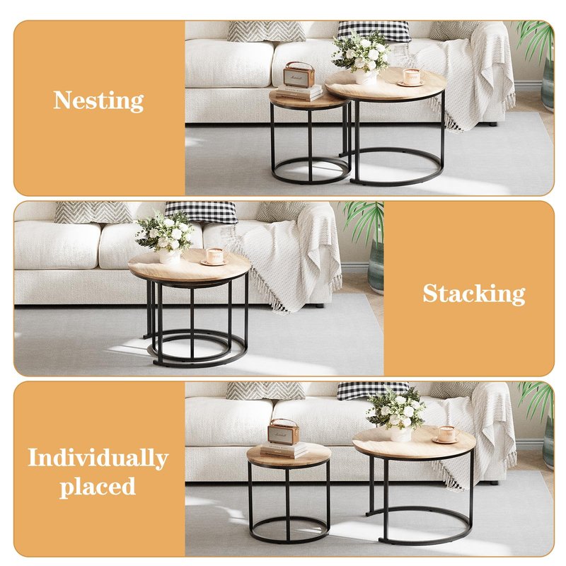 Garden 4 you Nesting Coffee Table, 23.6" Round Coffee Table Set of 2, Wooden Nesting Table Set for with Metal Frame, Side Tables for Living Room Bedroom Balcony, Brown