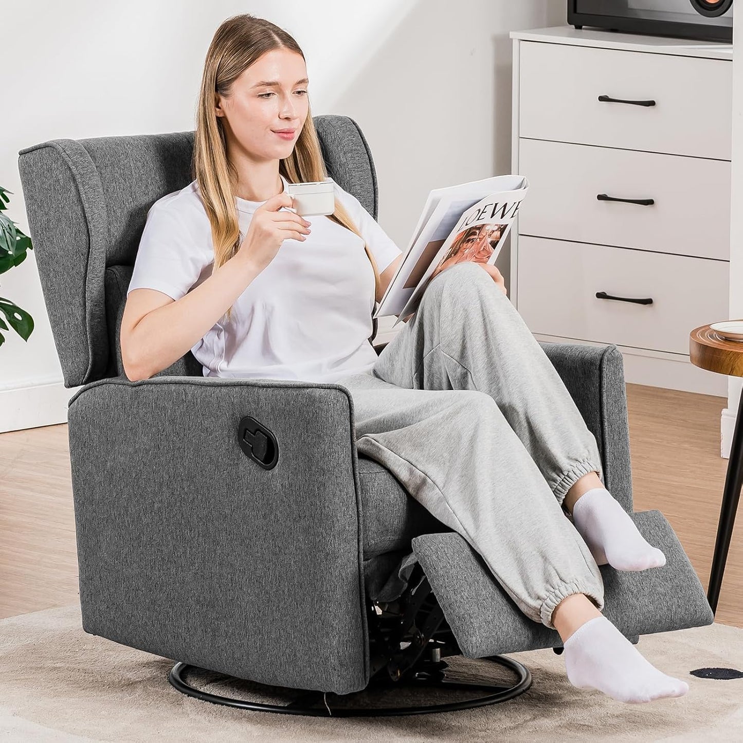 COMHOMA Nursery Rocking Chair Fabric Upholstered Swivel Rocker Recliner Manual Glider Reclining Chair for Living Room Bedroom Offices (Dark Grey)