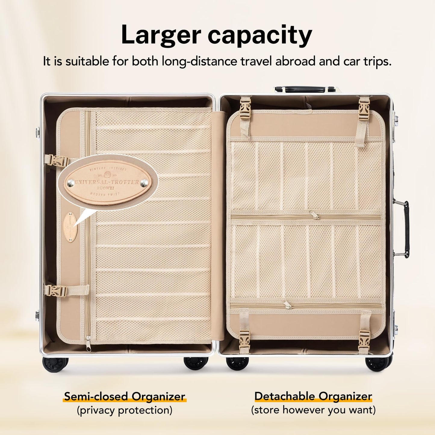 universal trotter Vintage PU Leather Luggage Set, Retro Trunk Suitcase with Wide Aluminum Frame, TSA Key Locks and Smooth 360° Spinner Wheels (Ivory Signature,26"+12")