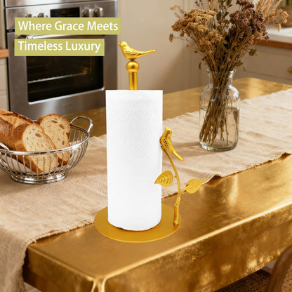 Gold Paper Towel Holder with Arm Fit Most Size Paper Roll Gold Paper Towel Holder Countertop Golden Bird Decor for Kitchen