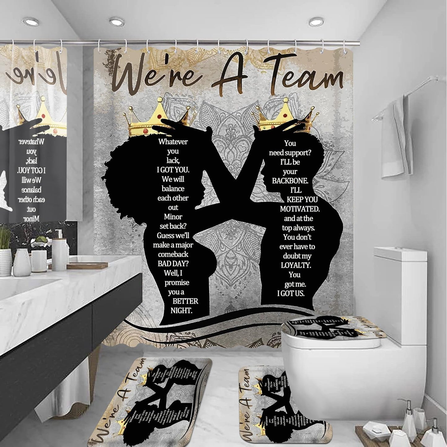 Skiennix Black King Queen Shower Curtain Set - Inspirational Bathroom Decor with Rugs & Bath Mat