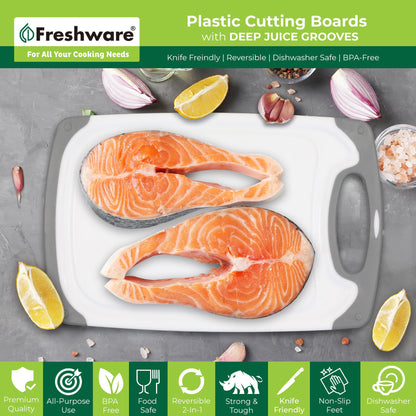 Freshware Cutting Boards for Kitchen, Chopping Board 3-Pack with Different Sizes, Juice Grooves and Non Slip Handles - Reversible, Large Cutting Board Set - Dishwasher Safe - Gray