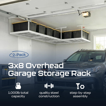 MonsterRax Overhead Garage Storage Racks 3x8’ (2-Pack) Ceiling Mounted Shelving, Adjustable Hanging Organizer, Heavy Duty Steel, Holds 500 Pounds, Color: White, Adjustable from 24"-45" off the Ceiling