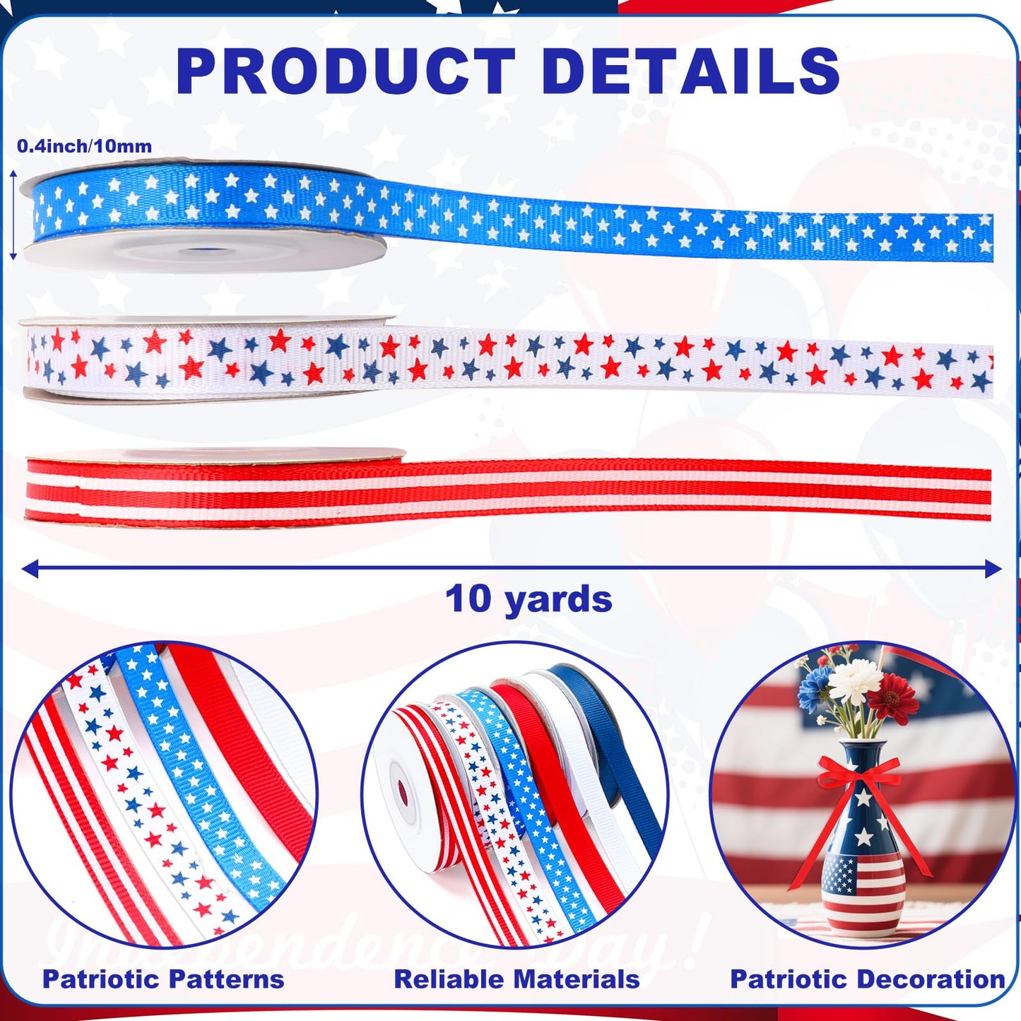 DECYOOL Patriotic Ribbon, 6 Rolls 60 Yards 4th of July Ribbons 10 mm Wide Red White Blue Grosgrain Ribbon Patriotic Stars Stripes Fabric Ribbon for Gift Wrapping DIY Crafts