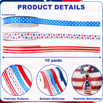 DECYOOL Patriotic Ribbon, 6 Rolls 60 Yards 4th of July Ribbons 10 mm Wide Red White Blue Grosgrain Ribbon Patriotic Stars Stripes Fabric Ribbon for Gift Wrapping DIY Crafts