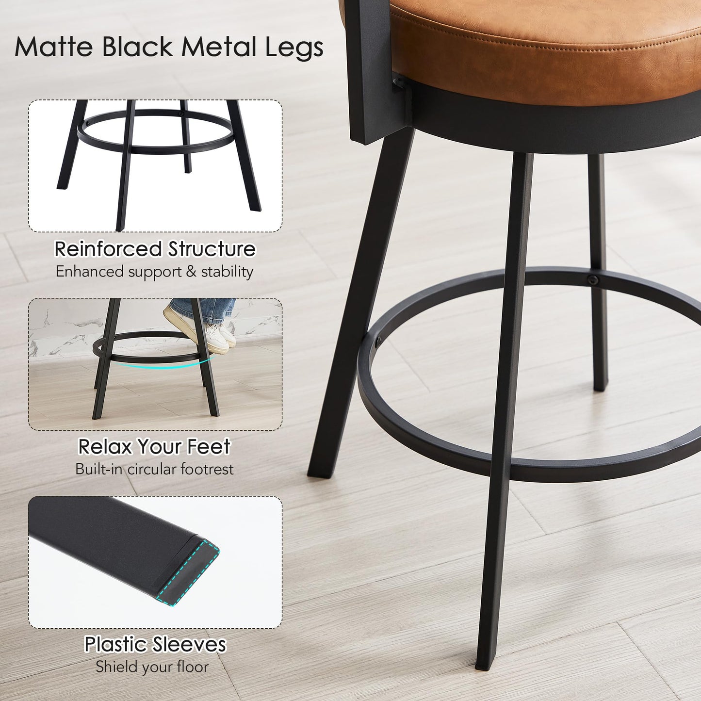 ONEVOG Swivel Counter Bar Stools Set of 2, 26.6 inch Seat Height Modern Barstools with Back and Metal Legs, Upholstered Funky Kitchen Island Chairs for 36"-40" Counters, Faux Leather Padded, Brown
