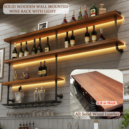 TAUODUYY 51.1in Large Wine Rack with LED Light, 4 Tiers Solid Wood Wall Mounted Wine Rack, Industrial Liquor Bottles Floating Shelves with Glass Holder for Home Bar/Dining Room (51.1in/130cm)