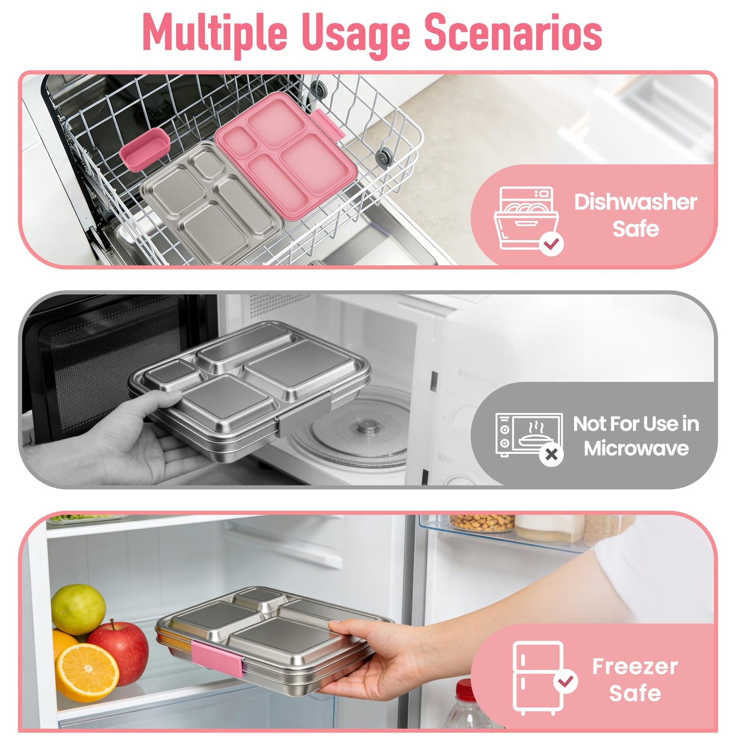 BABHAMNESS Stainless Steel Kids Bento Lunch Box, 4-Compartments with Silicone Container, Dishwasher-Safe, Child-Friendly Design for School and Travel,BPA-Free(Pink)