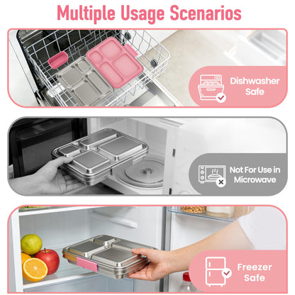 BABHAMNESS Stainless Steel Kids Bento Lunch Box, 4-Compartments with Silicone Container, Dishwasher-Safe, Child-Friendly Design for School and Travel,BPA-Free(Pink)
