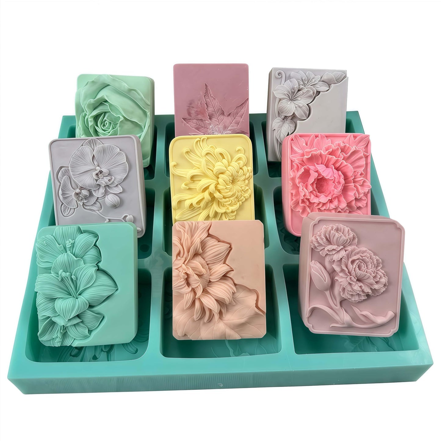 9 Cavities Mixed Flower Soap Mold,Handmade Soap Making Silicone Tray,Flower Silicone Molds for Natural Soap,Scented Candle Wax,Plaster Diffuser,Crystal Epoxy Decorations