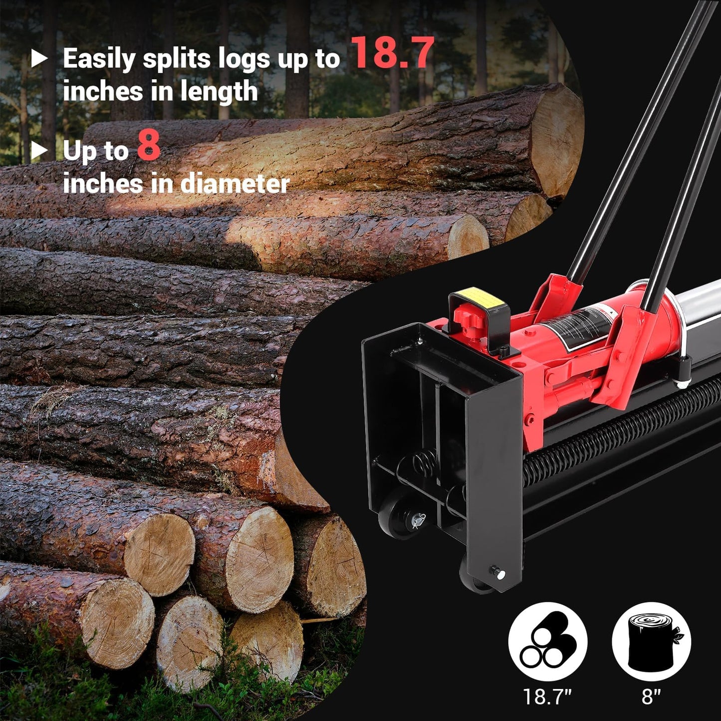 FinerFurnis 12 Ton Manual Hydraulic Log Splitter - Heavy Duty Steel Firewood Cutter - Horizontal Full Steel Beam, Spring-Loaded Return, Built-in Wheels, Portable Wood Splitter for Firewood - Firewood