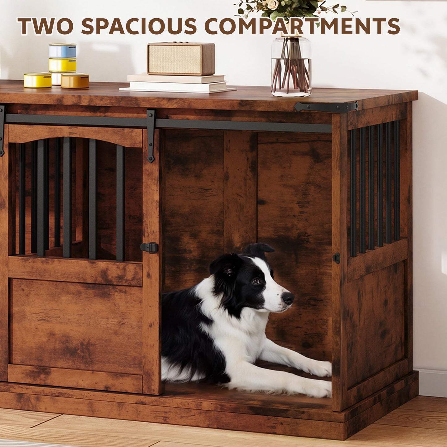 Homiflex 72" Double Dog Crate Furniture for 2 Medium Large Dogs Wooden Heavy Duty Dog Kennel Furniture with 2 Sliding Doors and Divider Decorative Dog Cage TV Stand End Table for Indoor, Brown