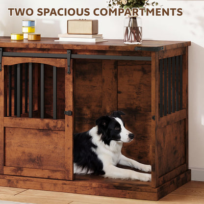 Homiflex 72" Double Dog Crate Furniture for 2 Medium Large Dogs Wooden Heavy Duty Dog Kennel Furniture with 2 Sliding Doors and Divider Decorative Dog Cage TV Stand End Table for Indoor, Brown
