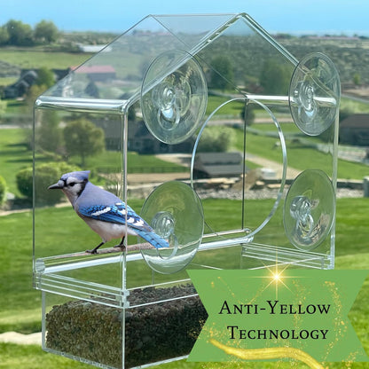 Window Bird Feeder House Shaped, Innovative Anti-Yellow Acrylic Technology, Strong Suction Cup Grip for Wild Birds