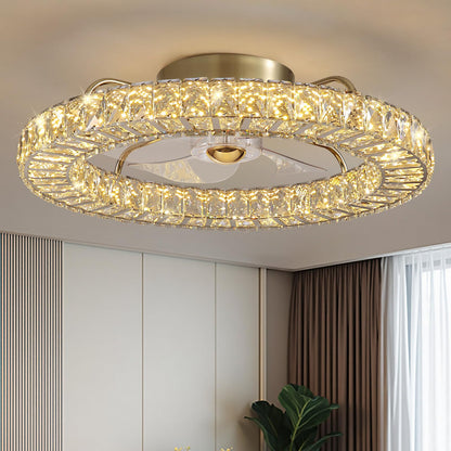 LUDOMIDE Flush Mount Ceiling Fan with Light, 22" Modern Crystal Chandelier Ceiling Fan with Smart 4-Light Color Change, Luxury LED Ceiling Fan, Low Profile Ceiling Fan for Bedroom (Gold)