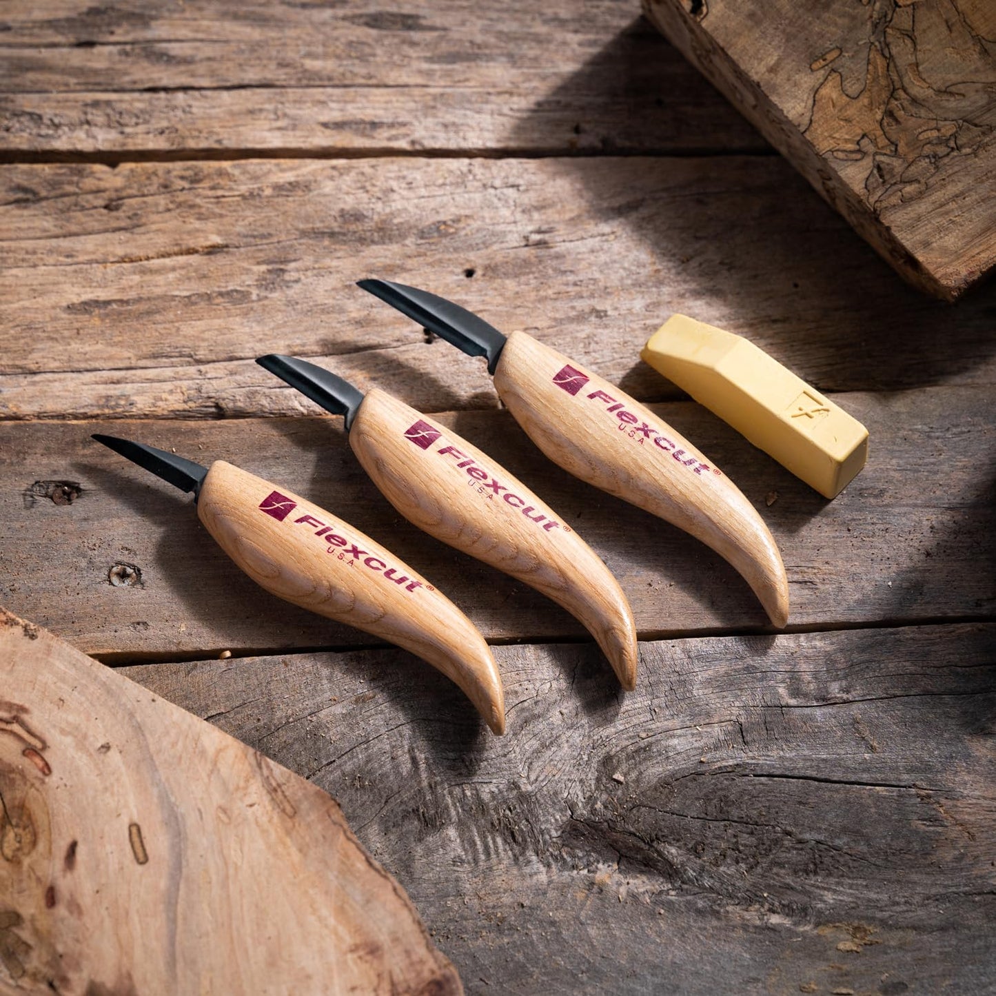 Flexcut Wood Carving Knives | Starter Set of 3 Woodcarving Knives | 1095 High Carbon Steel Blades | Ergonomic Ash Wood Handles for Beginners and Hobbyists | KN500 | Made in the U.S.A