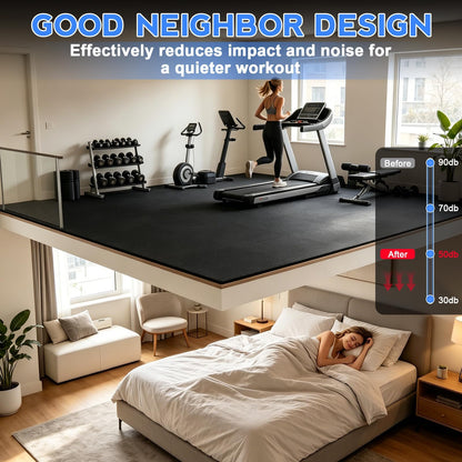 Rubber Gym Floor Mats, 12 Tiles 48 Sq Ft, 0.56" Thick Heavy Duty Gym Flooring for Home Gym, Exercise Equipment Mat for Treadmill, Weightlifting & Workout Area, Non-Slip Protective Flooring