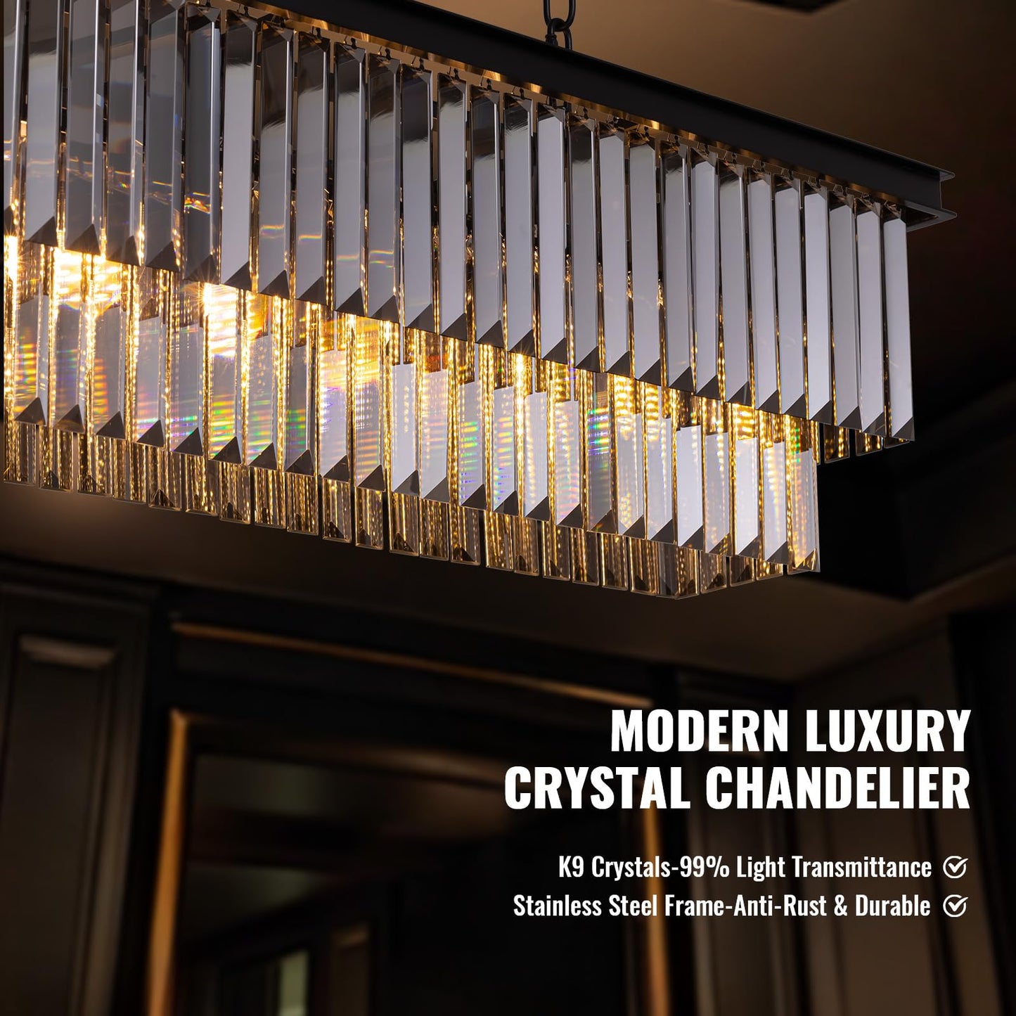 Tinkoso 39-inch Rectangle Crystal Chandeliers for Dining Room,Hanging Ceiling Light for Kitchen Island,Smoky Gray K9 Crystal Pendant Lighting,59-inch Adjustable Wire,Matte Black Finish