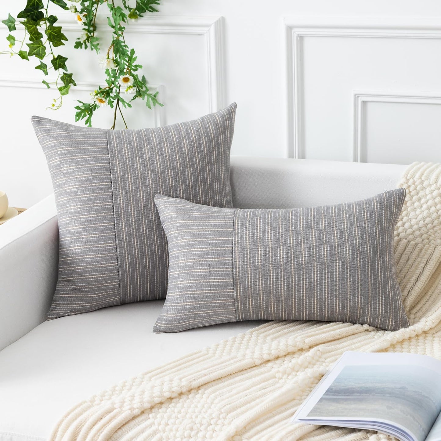 20x20, Set 2, Kevin Textile Grey and Beige Farmhouse Striped Patchwork Linen Decorative Throw Pillows Covers of Modern