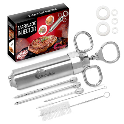 Vecolex 304 Stainless Steel Meat Injector Syringe-2 Oz Turkey Injector for Smoking with 3 Needles 3 Brushes-Spare O Rings-Food Injector for BBQ,Turkey & Brisket (Stainless Steel)
