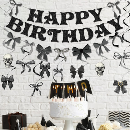 Lovarywow Black Bow Party Decorations - 13PCS Gothic Birthday Decorations, Skull Skeleton Goth Party Supplies for Girls Women, Black Bow Coquete Happy Birthday Banners Hanging Swirls
