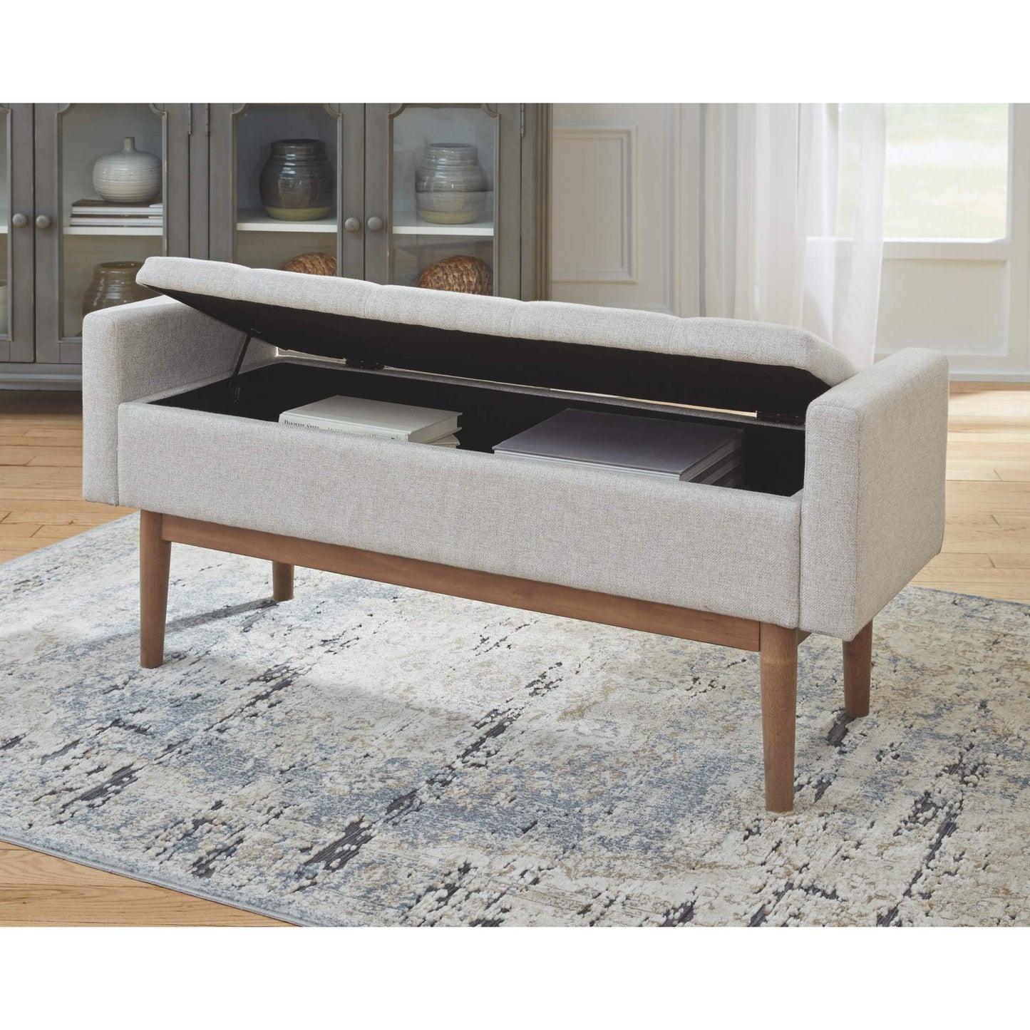 Signature Design by Ashley Briarson Tufted Upholstered Accent Bench with Storage, Hinged Seat, Raised Edges, Wood, Fabric Upholstery, Wood Legs" Light Brown Finish, Beige