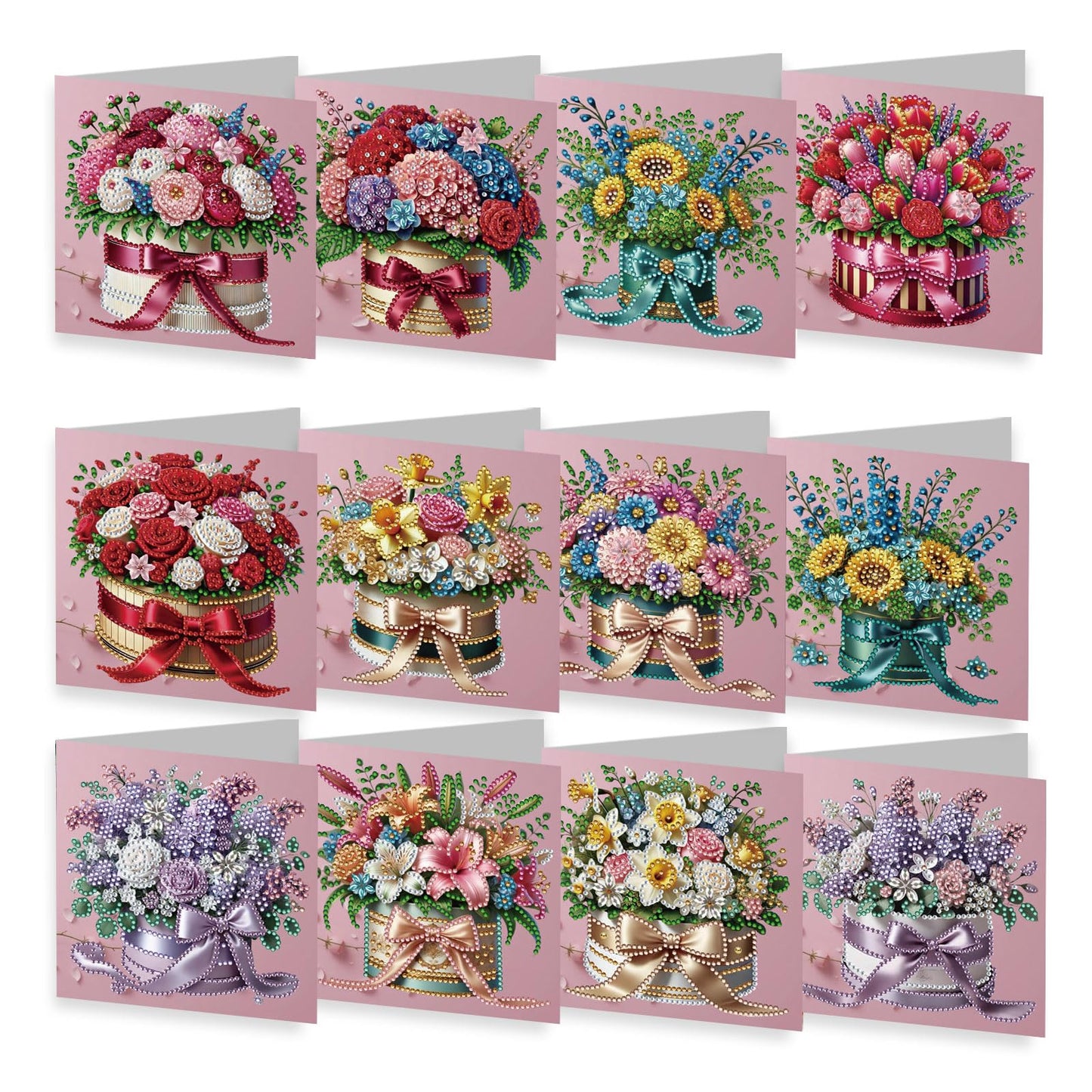 JBTM24 12 Packs Diamond Art Cards Kit, Diamond Painting Greeting Cards with Envelopes, DIY Card Making Kits for Adults, Gifts for Families, Friends, Partners (Bouquet)