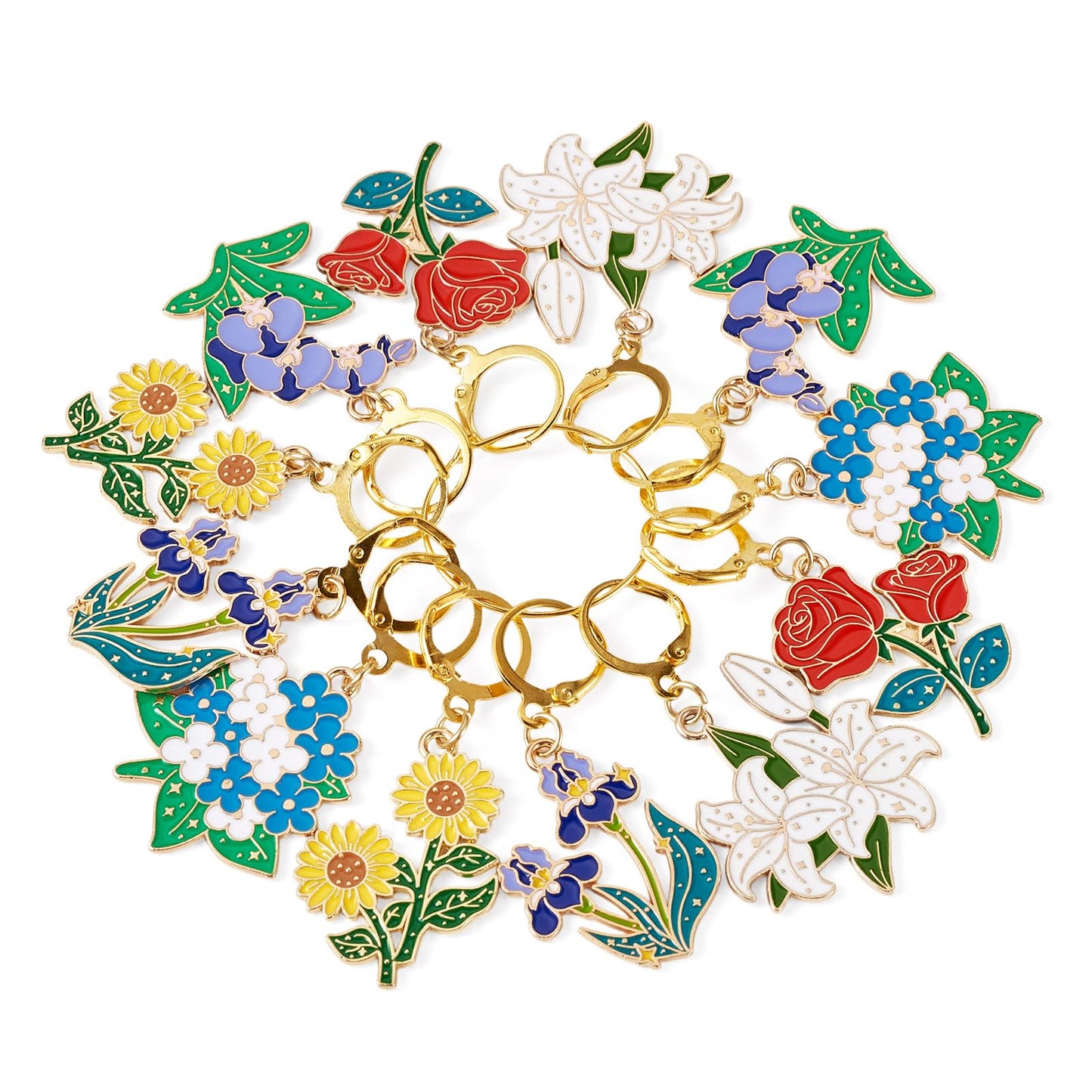 Magibeads 12Pcs Crochet Stitch Markers Alloy Enamel Flower Pendants with Brass Clasps Golden Flower Charms Stitch Markers for Crocheting Knitting Notions Sewing Knit Zipper Pull DIY Supplies