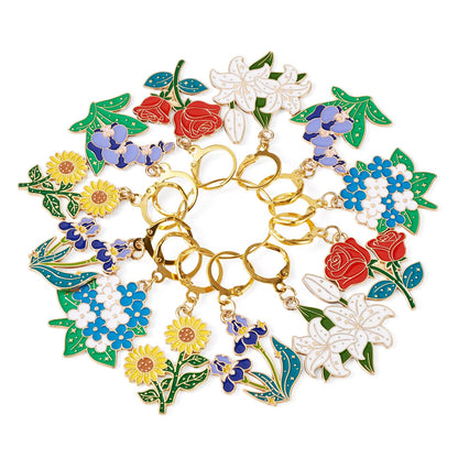 Magibeads 12Pcs Crochet Stitch Markers Alloy Enamel Flower Pendants with Brass Clasps Golden Flower Charms Stitch Markers for Crocheting Knitting Notions Sewing Knit Zipper Pull DIY Supplies