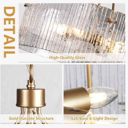 Obihivlo Gold Patterned Glass Chandeliers for Dining Room, D23'' Modern Drum Crystal Chandelier, 6-Light Farmhouse Pendant Hanging Ceiling Fixture for Kitchen Island Living Room Foyer Bedroom (E26)