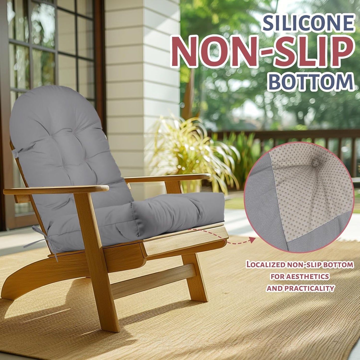 44x19x4in Adirondack Chair Cushion,Outdoor Waterproof Rocking Chair Cushion Gray Non-Slip High Back Patio Chair