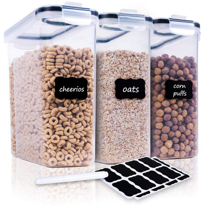 FOOYOO Cereal Containers Storage Set - 3 Piece Airtight Large Dry Cereal Container (135.2oz), BPA Free Dispenser Plastic Cereal Storage Containers with 16 Labels & Pen