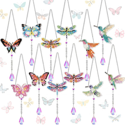 Seenelling 24 Pcs Diamond Painting Suncatcher Bulk Wind Chime Diamond Art Kits DIY Crafts with Crystal Pendant for Summer Spring Adult Window Garden Home Party Gift(Butterfly Dragonfly Bird)