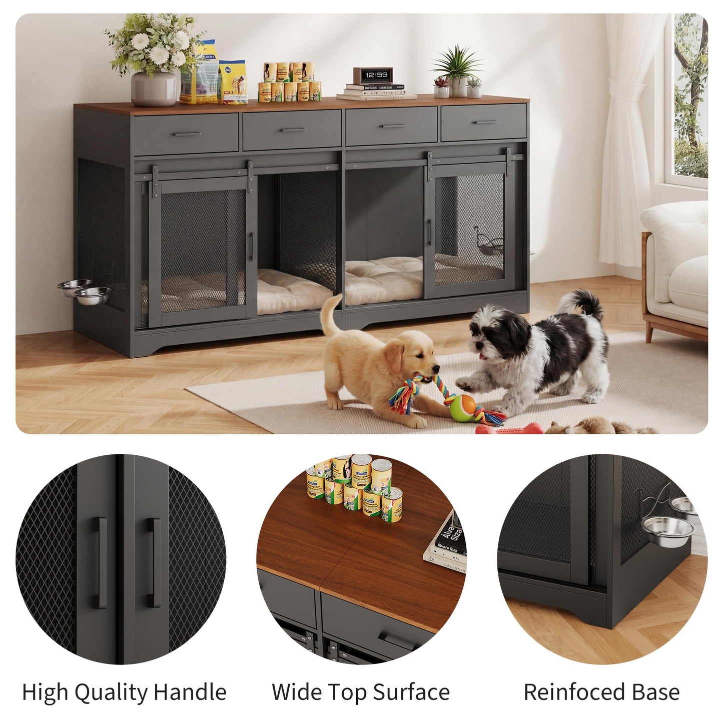 Garvee Double Dog Crate Furniture, 71'' Large Dog Crate Furniture for 2 Dogs with 4 Sliding Doors and 4 Drawers, Dog Kennel Furniture for Large Dogs Indoor with Feeding Bowls, Black