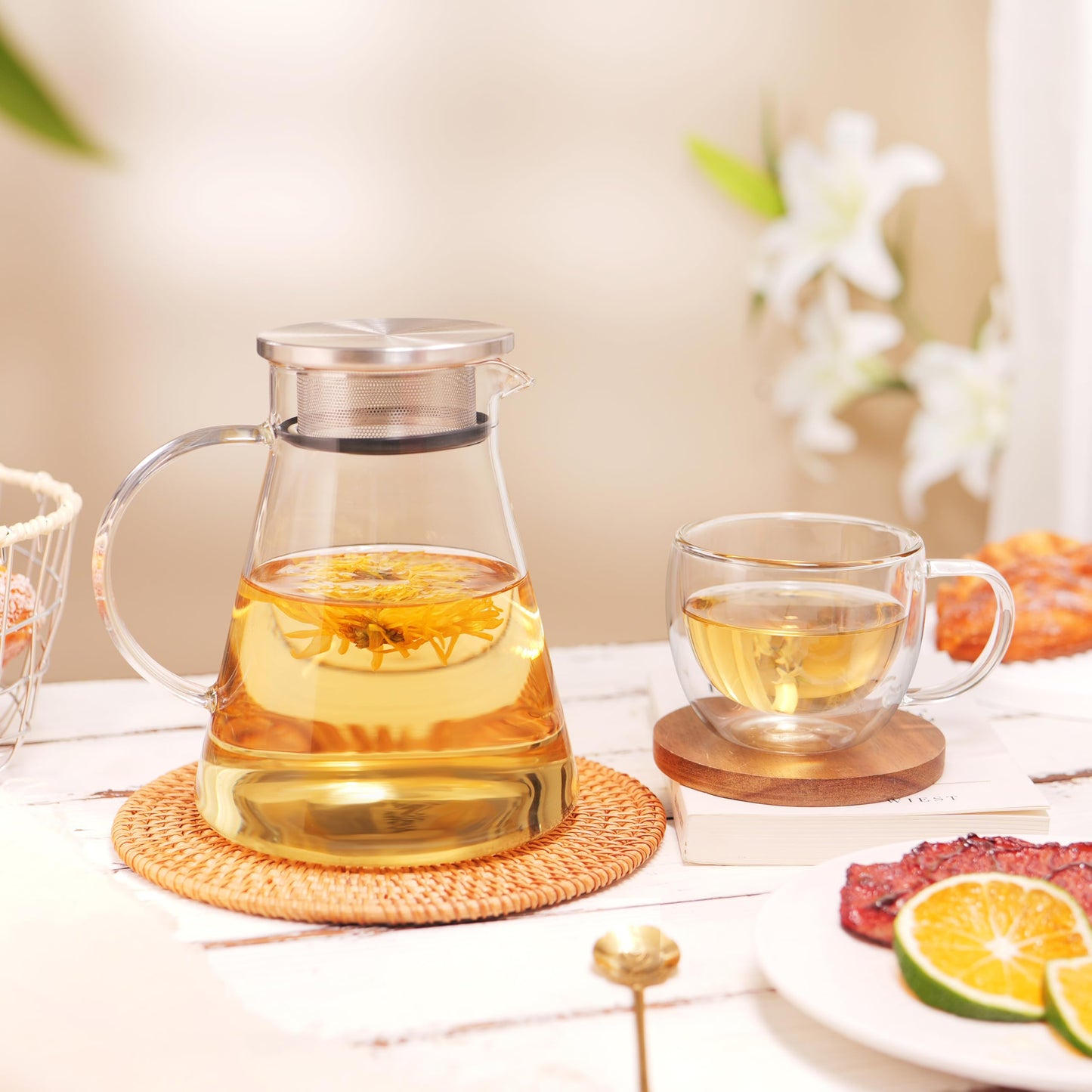 CNGLASS 30.5oz/900ml Glass Teapot Stovetop Safe,One-Touch Clear Tea Kettle,Blooming and Loose Leaf Tea Maker
