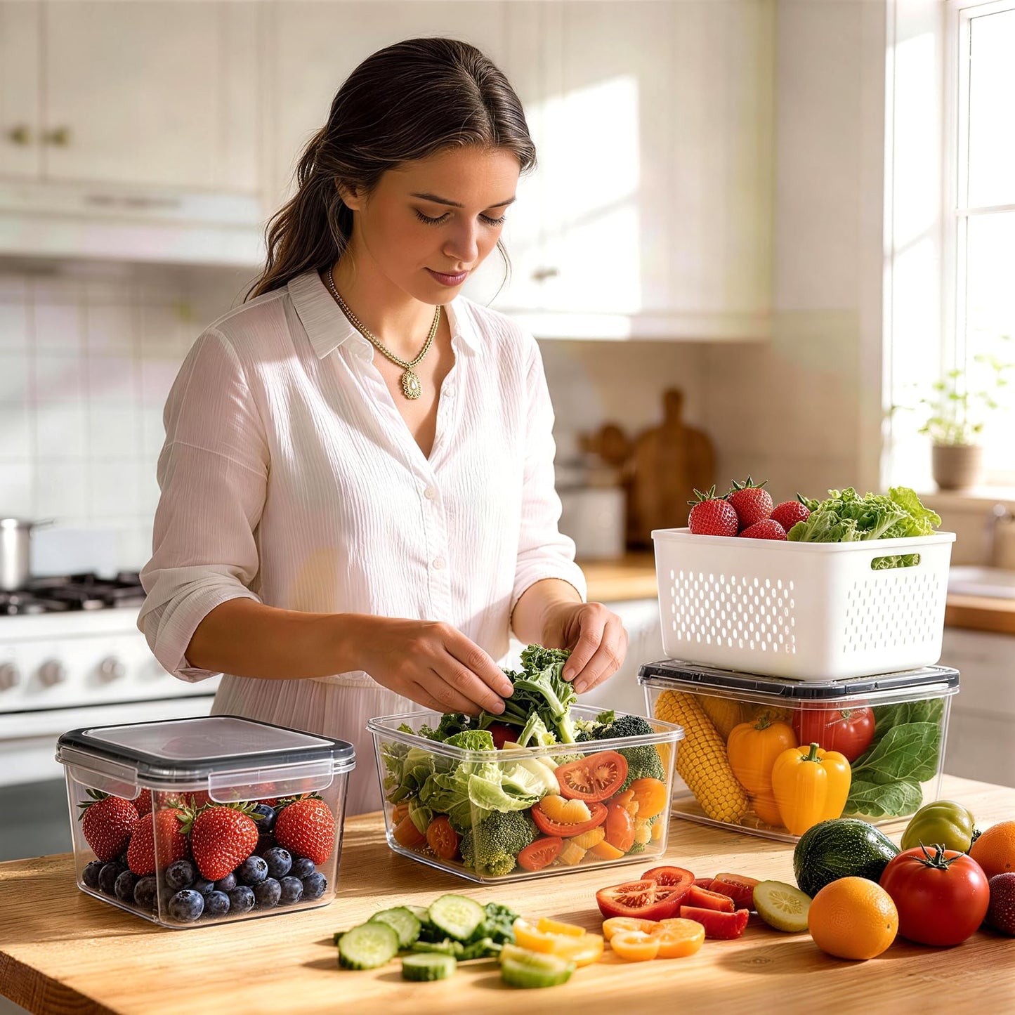 HOMETALL 5 Pack Fruit Storage Containers for Fridge, Plastic Fruit Containers for Fridge with Removable Colanders, Leakproof Fridge Organizers and Storage for Berry Vegetable Salad Lettuce Meat Food