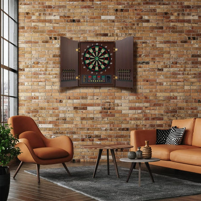 Electric Dartboard Set with Cabinet - Wooden Doors, LED Display, 12 Darts, 88 Soft Tips - 27 Games, up to 16 Players - Automatic Scoring Dart Board