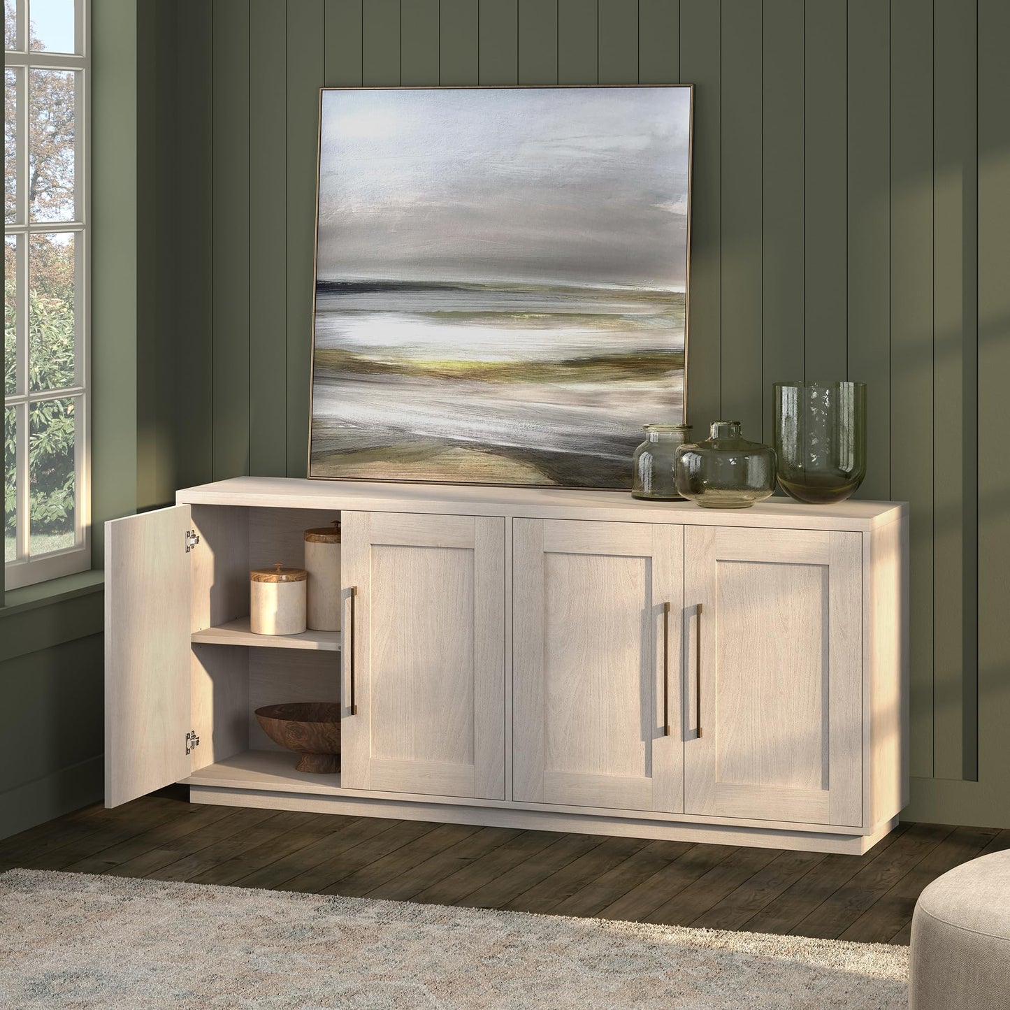 Henn&Hart 68" Sideboard Buffet Cabinet, Modern Credenza with 4 Panel Doors, Adjustable Shelves, and Cable Management Cut-Outs for Dining Room, Kitchen, Living Room or Entryway, Beech White