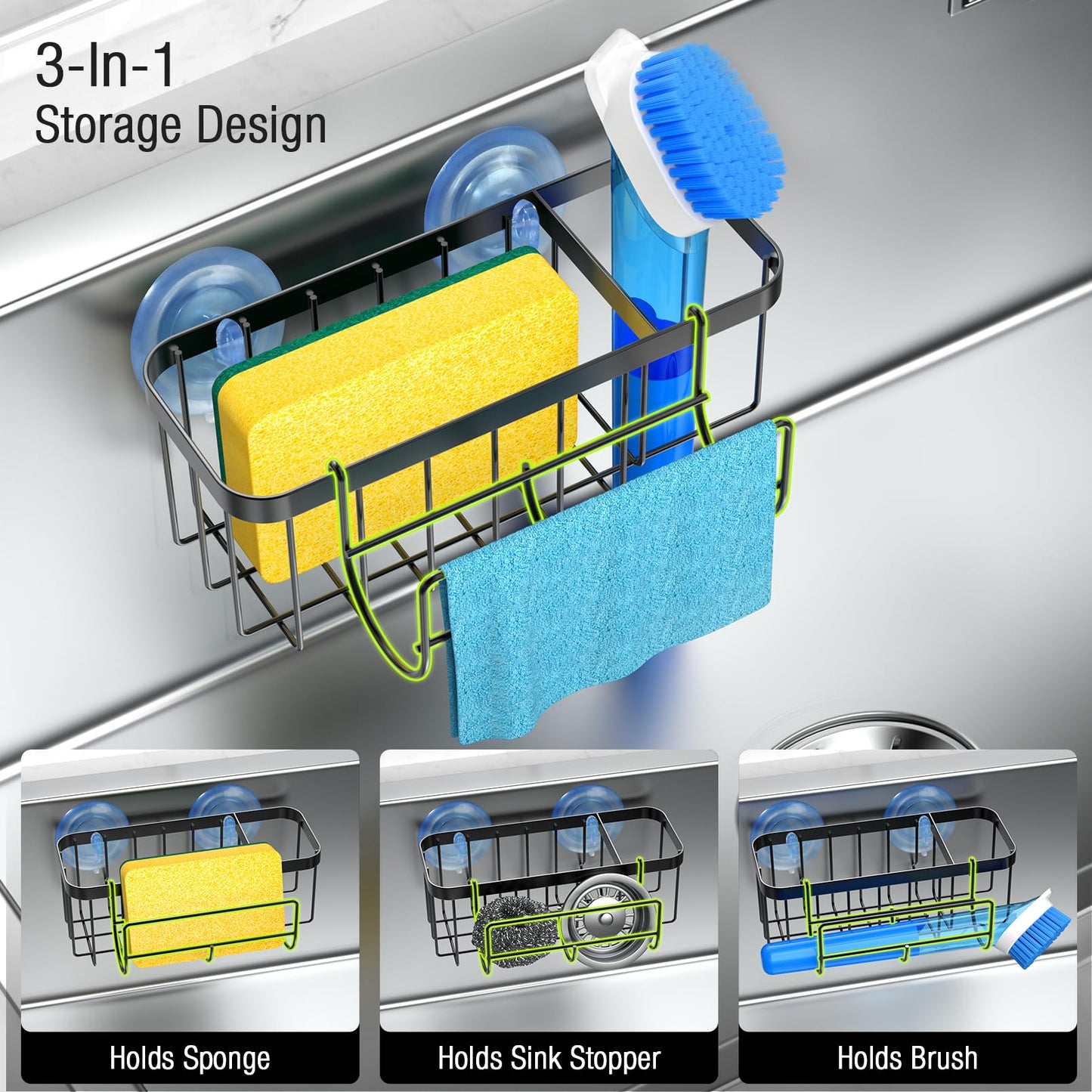 HOKEMOM 3-in-1 Kitchen Sink Caddy Organizer with Sponge Holder, Brush Holder, Extra Rack for Scrubber, Sink Stopper, Dish Cloth Hanger - Strong Dual Suction Cup, 2.0mm SUS304 Stainless Steel - Black