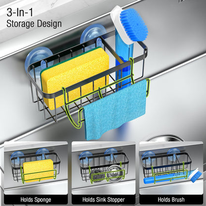 HOKEMOM 3-in-1 Kitchen Sink Caddy Organizer with Sponge Holder, Brush Holder, Extra Rack for Scrubber, Sink Stopper, Dish Cloth Hanger - Strong Dual Suction Cup, 2.0mm SUS304 Stainless Steel - Black