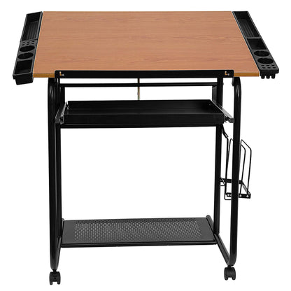 Flash Furniture Swanson Adjustable Drawing and Drafting Table with Black Frame and Dual Wheel Casters, Cherry