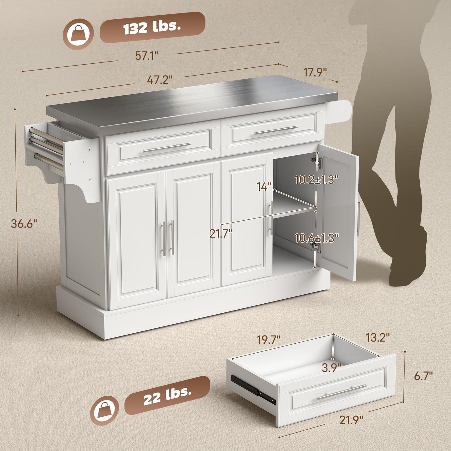 HOMCOM Rolling Kitchen Island Cart with 47" Stainless Steel Top, Portable Island Table for Kitchen with Wheels, Adjustable Shelves, 2 Drawers, Spice, Knife and Towel Rack, White