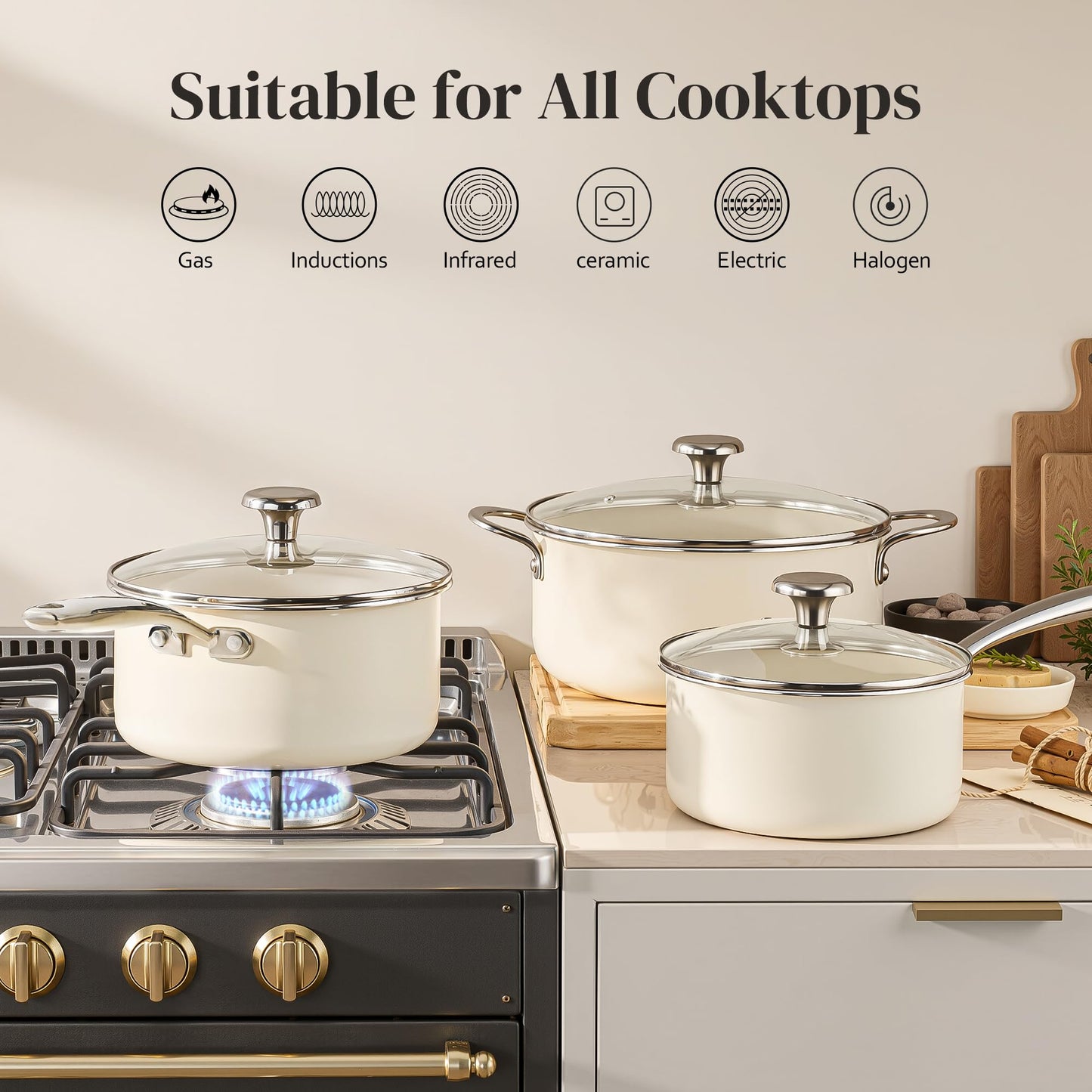 Redchef Cooking Pot Set Induction 5Qt, Saucepan Set 2.5/3.5Qt Nonstick Ceramic Cookware Set, Compatible All Cooktops, Even Heat, Stay-Cool Handles, Oven/Dishwasher Safe, PTFE PFAS Free (Beige)
