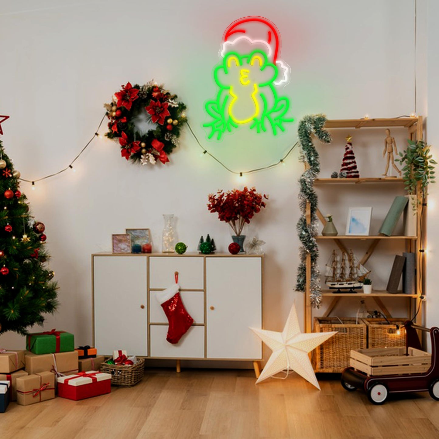 LIUOZHTEA Merry Christmas Neon Sign with Santa Hat Neon Frog Light Sign for Wall Decor Christmas Party New Year Bar Bedroom Shop Window USB Powered (16.5 * 11.8in)