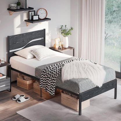VECELO Twin Size Bed Frame with Wood Headboard, Heavy-Duty Metal Slats Support, Easy Assembly, No Box Spring Needed, Black