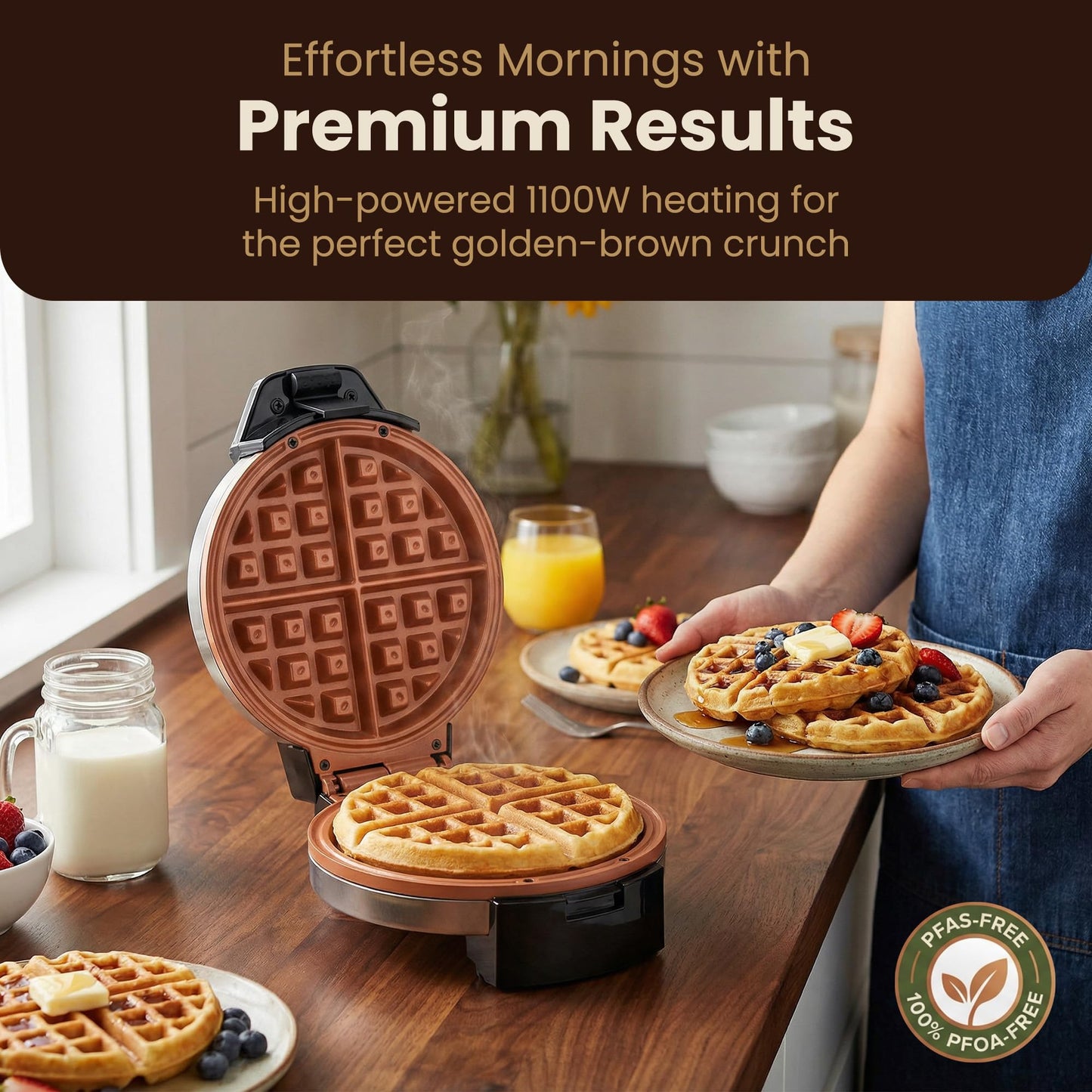 Elite Gourmet Belgian Waffle Maker with PFAS-Free CeramiCrisp™ Ceramic Nonstick Plates, Adjustable Browning Control, 1100W Heating, Power & Ready Indicator Lights, Vertical Storage, Stainless Steel