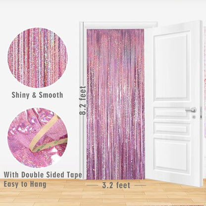 GOER Metallic Tinsel Foil Fringe Curtains - 3.2 ft x 8.2 ft | Perfect for Birthday, Graduation & Wedding Decor (4 Packs, Laser Pink)