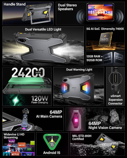 Ulefone Armor Pad 5 Pro & Digital Microscope C01, 5G Rugged Tablet, Dimensity 7400X 32GB+512GB/2TB Expansion, 24200mAh(120W), 11" FHD+ Screen, IP68/69K, 64MP+64MP, 32MP, Dual LED Lights/Warning Lights